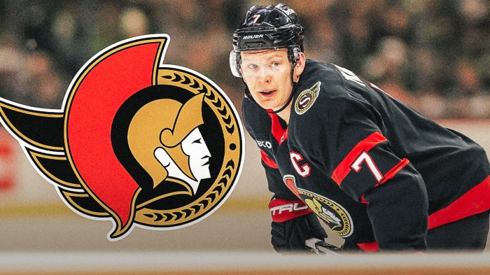 Brady Tkachuk next to Ottawa Senators logo