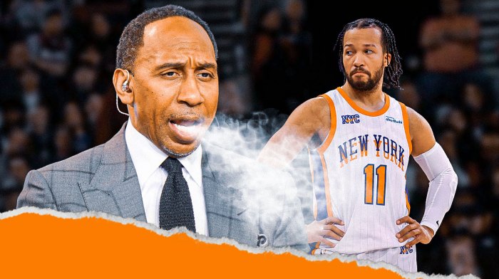 Image of Stephen A. Smith looking angry with fire coming out of his mouth next to an image of Jalen Brunson (in a Knicks jersey) looking upset/confused