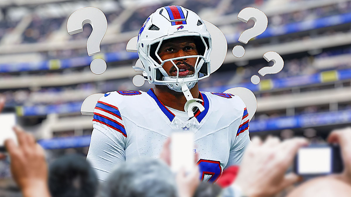 on Miller in a Buffalo Bills uniform with question marks surrounding him as the team addresses its defense and salary cap with difficult cuts including von miller.