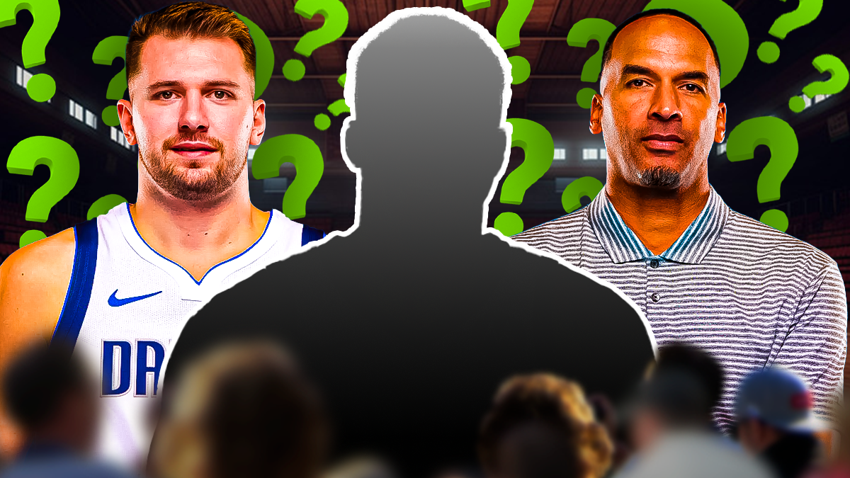 Luka Doncic Mavericks on the left, Nico Harrison Mavericks on the right, and a black silouhette of Giannis Antetokounmpo in between them with green question marks all around