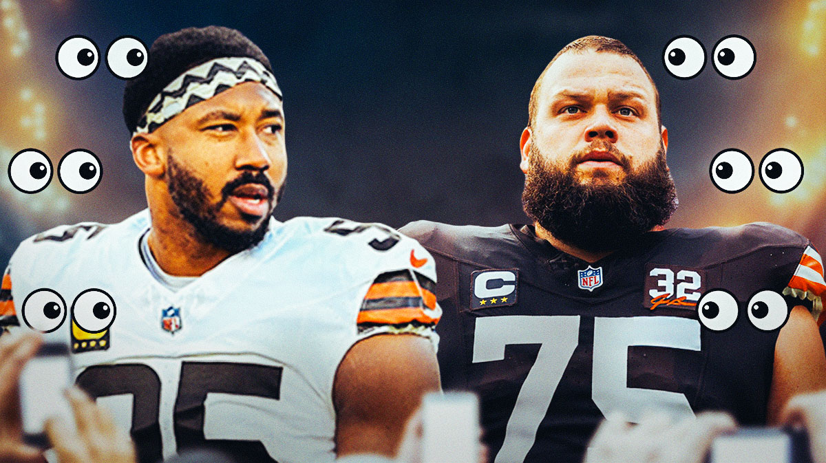 Myles Garrett on one side, Joel Bitonio on the other side, a bunch of the big eyes emojis in the background