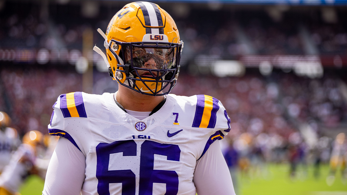 LSU Tigers offensive tackle Will Campbell (66) warms up before a game against the South Carolina Gamecocks at Williams-Brice Stadium.