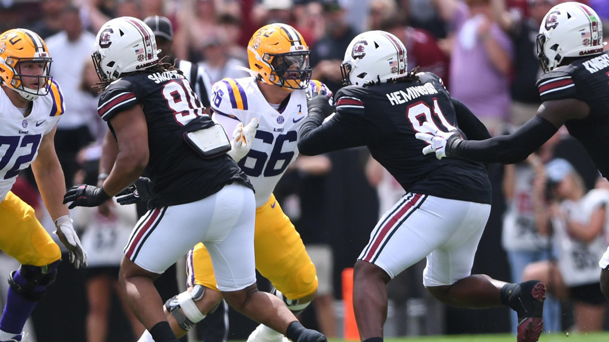 Louisiana State University offensive lineman Will Campbell (66) blocks during the first quarter at Williams-Brice Stadium in Columbia, S.C. Saturday, September 14, 2024.