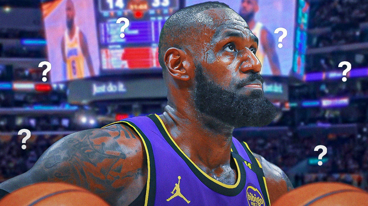 LeBron James with question marks around the picture. Lakers injury