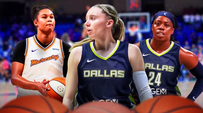 On left, Satou Sabally in a Phoenix Mercury 2024 jersey. On right, Arike Ogunbowale and Paige Bueckers both in Dallas Wings 2024 jerseys.