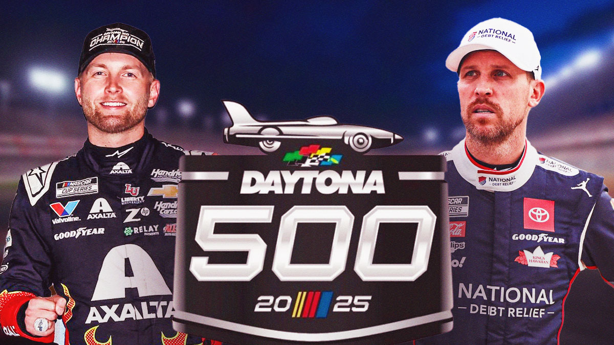William Byron smiling, Daytona 500 logo and an angry Denny Hamlin beside him