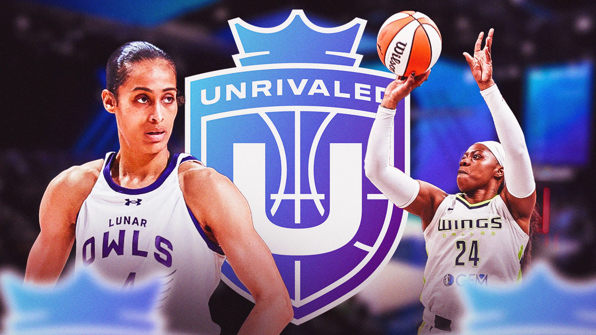 Wings Arike Ogunbowale shooting a basketball, Storm Skylar Diggins-Smith looking serious. Place the Unrivaled Basketball logo in background.