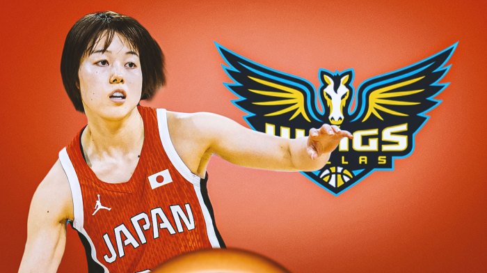 Japanese women's basketball player Mai Yamamoto on left. Dallas Wings 2024 logo on right.