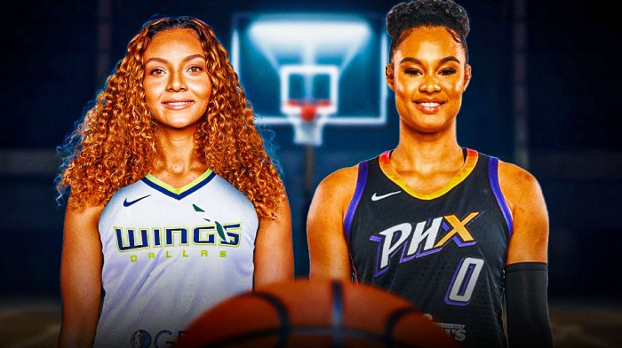 Mikiah Herbert Harrigan in a Dallas Wings jersey. Satou Sabally in a Phoenix Mercury jersey.