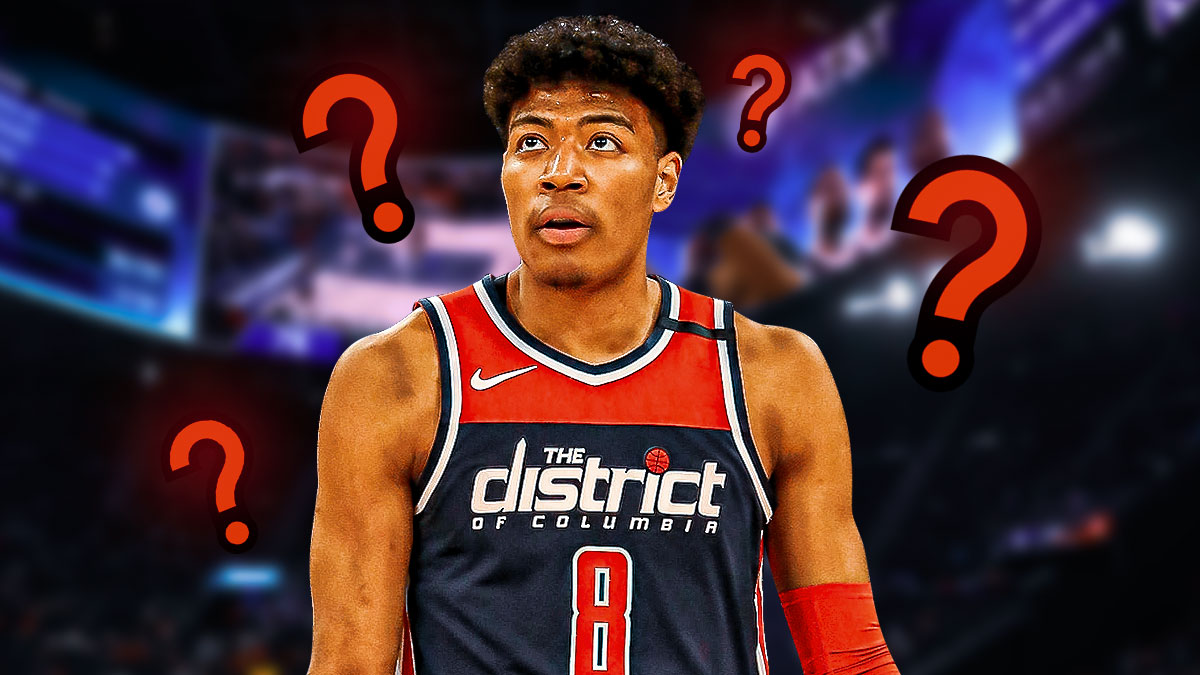 Rui Hachimura in the middle in a Washington Wizards uniform, Washington Wizards wallpaper in the background, 🤩 emoji all around