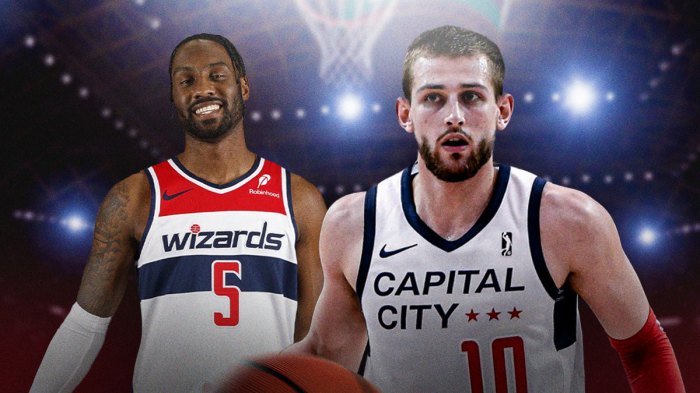 Erik Stevenson in Go-Go jersey stands next to Jaylen Nowell in Wizards jersey