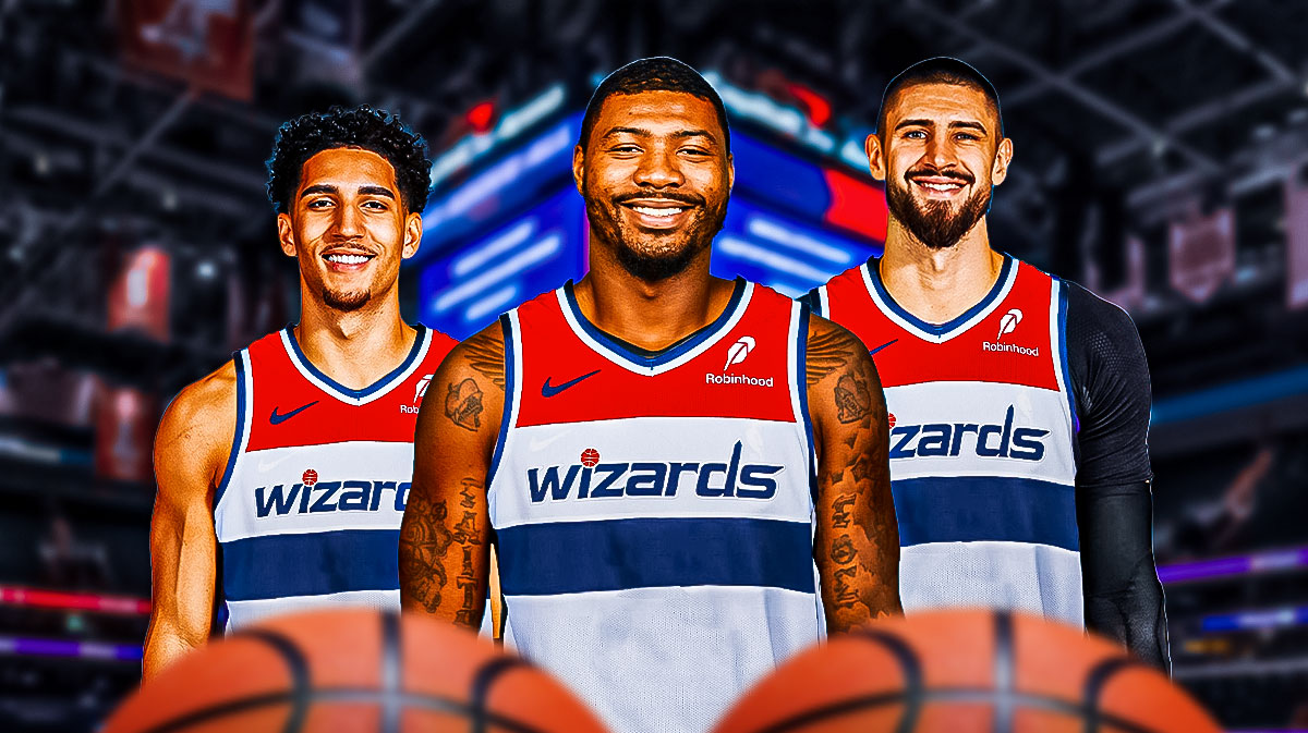 Marcus Smart, Alex Len, and Colby Jones all smile in Wizards jerseys. Smart in center