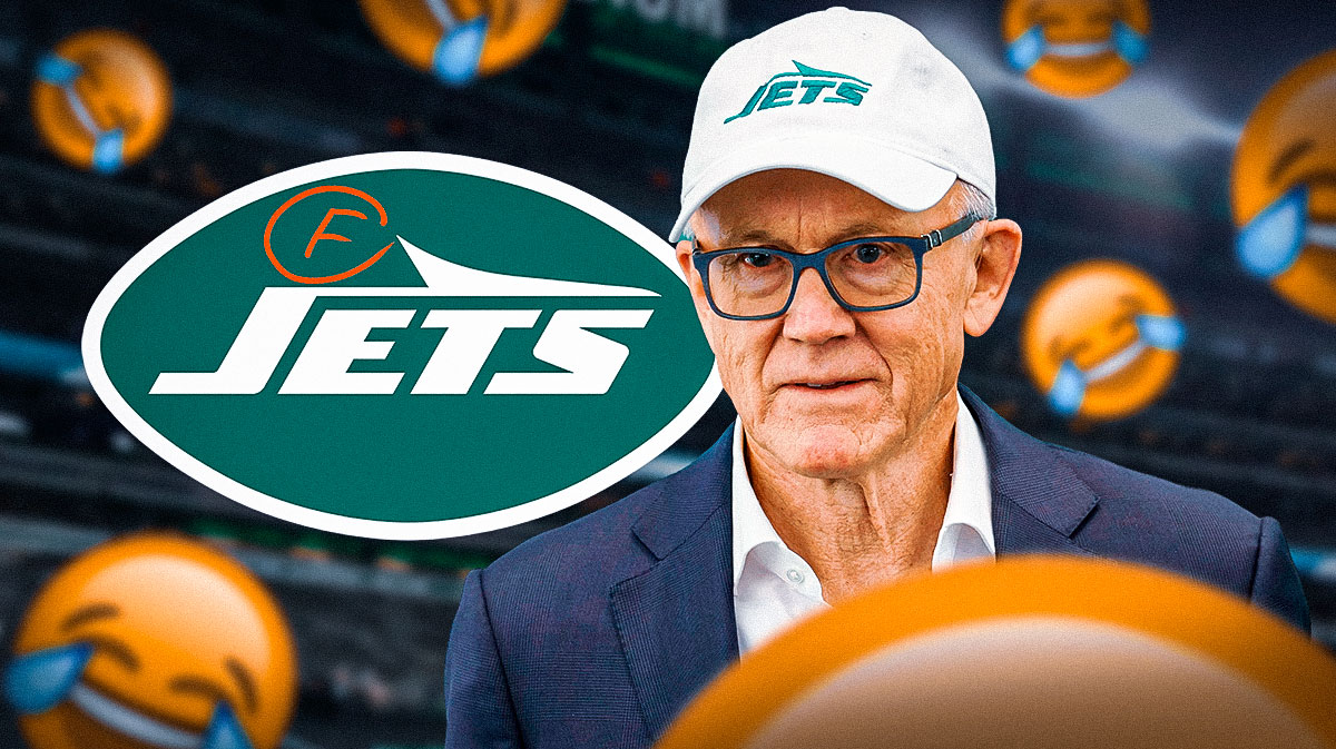 Jets owner Woody Johnson with a Jets logo behind him and a big red F next to him with laughing crying emojis - as Johnson got an F grade in survey of nfl owners.