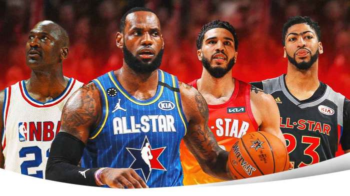 Michael Jordan (2003 NBA All Star Game), LeBron James (2020 NBA All-Star Game), Jayson Tatum (2023 NBA All-Star Game), and Anthony Davis (2017 NBA All-Star Game) all together.