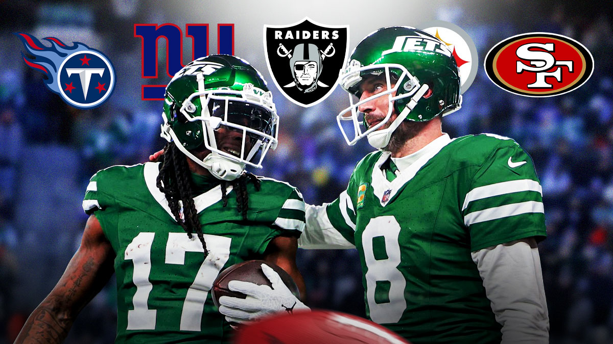 Aaron Rodgers and Davante Adams. Titans, Giants, Raiders, Steelers, 49ers logos around