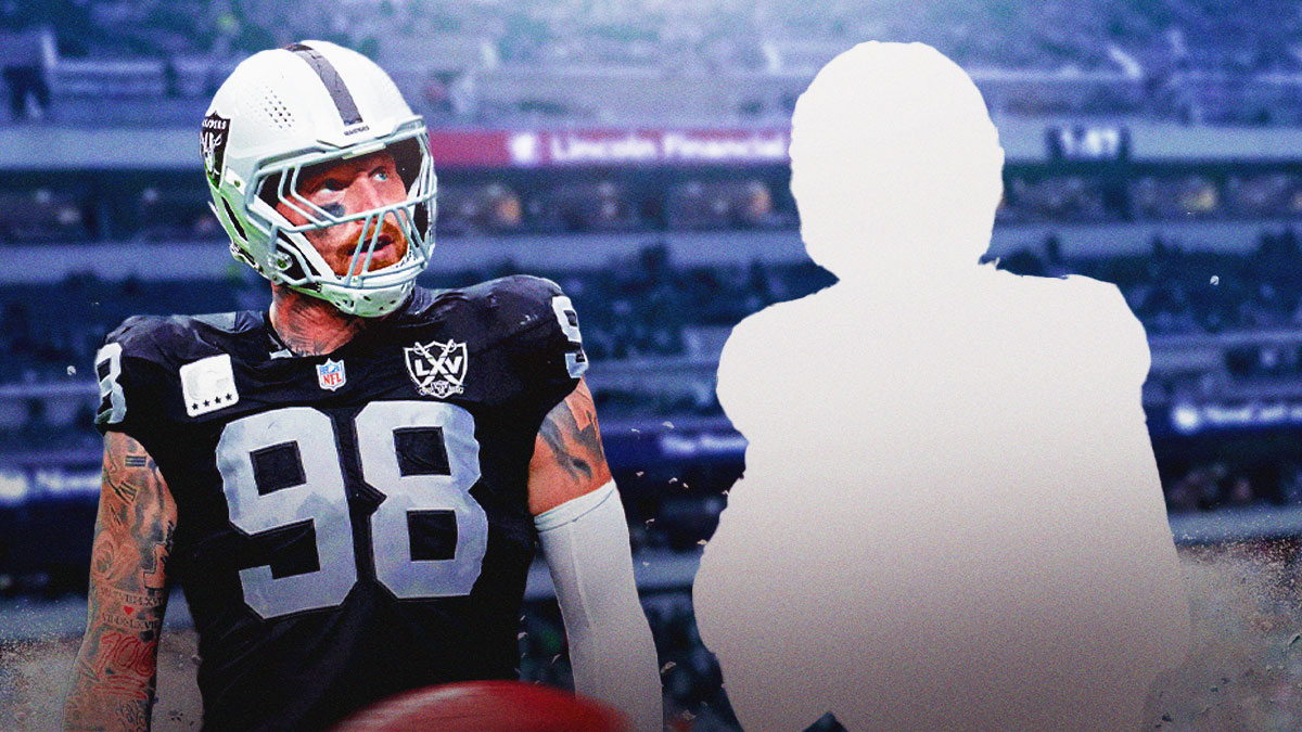 Maxx Crosby next to the blacked-out silhouette of Kenny Pickett in front of the Eagles stadium.