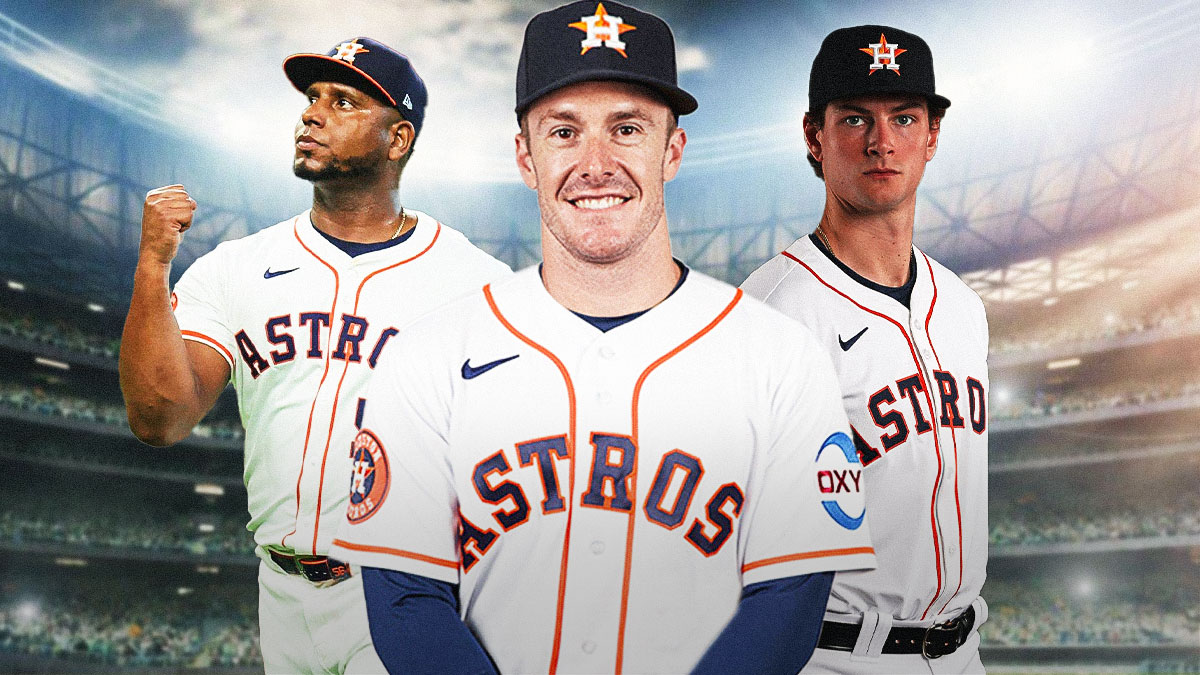 Mark Canha in an Astros uniform standing next to Ronel Blanco and Forrest Whitley