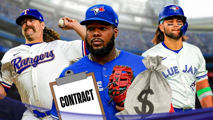 Vladimir Guerrero Jr. with a bag of money and a contract standing next to Andrew Chafin and Bo Bichette