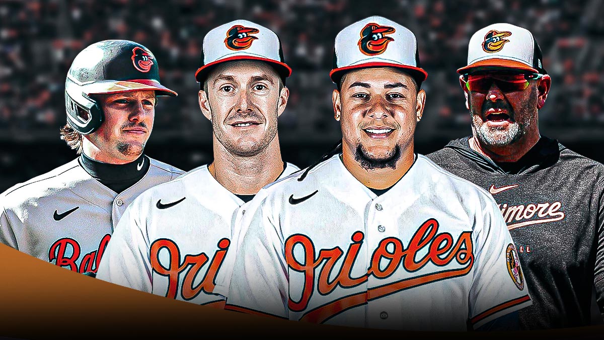 Adley Rutschman standing next to Brandon Hyde, Mark Canha (in an Orioles uniform) and Luis Castillo (in an orioles uniform, question marks are floating around him)