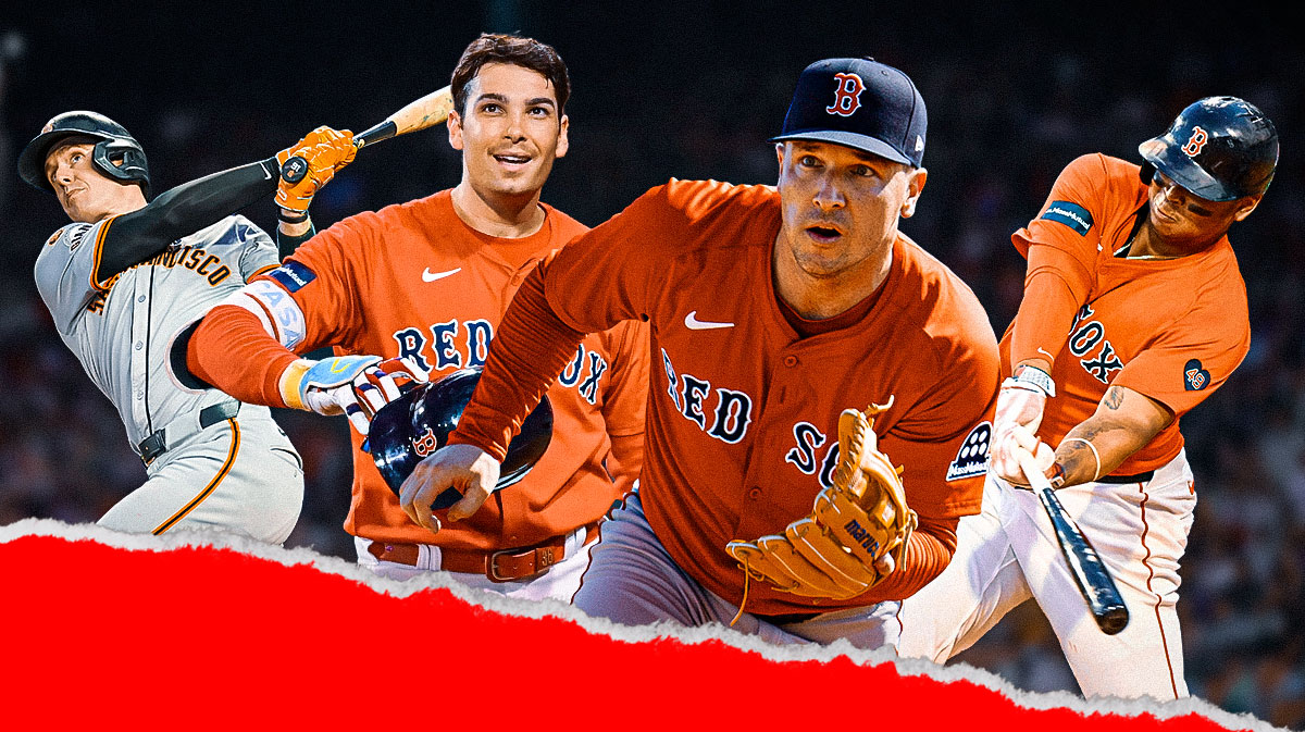 Alex Bregman in a Red Sox uniform standing next to Rafael Devers, Triston Casas, and Mark Canha
