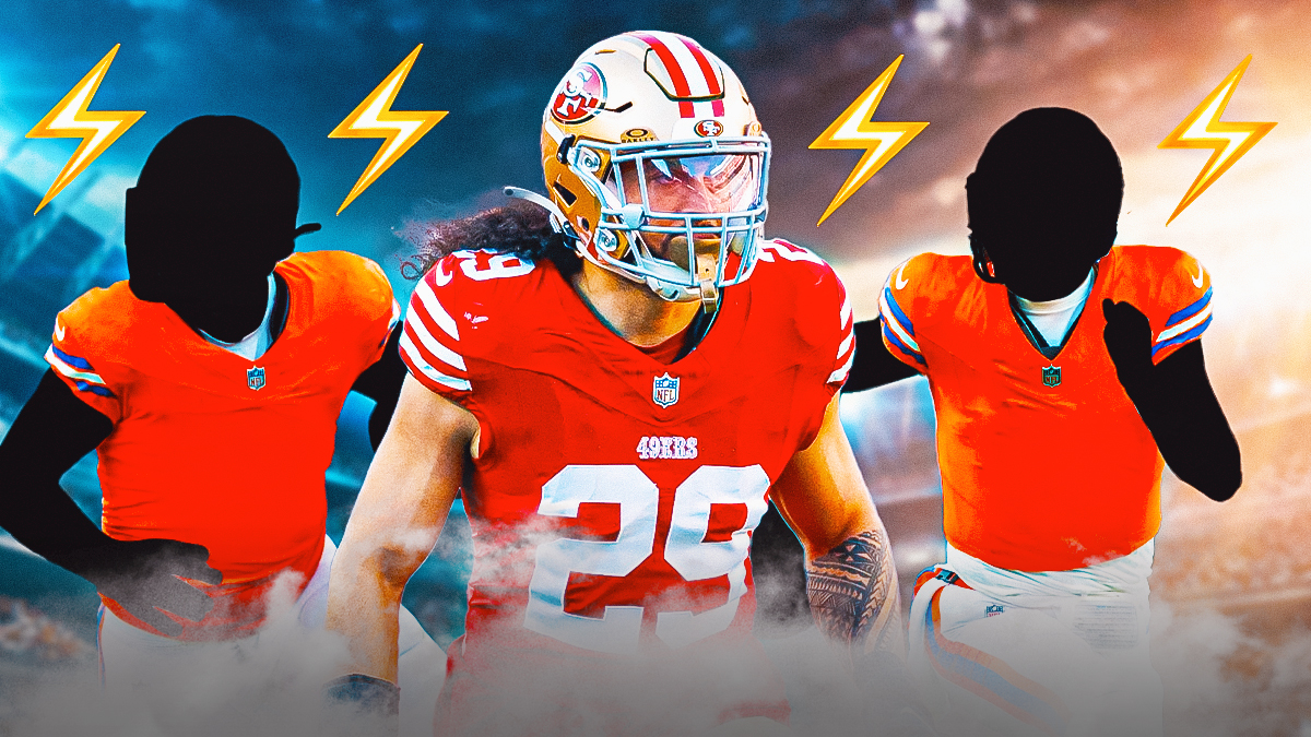 Talanoa Hufanga in the middle, Two other mystery players in Broncos uniforms, ⚡️⚡️⚡️ in the background