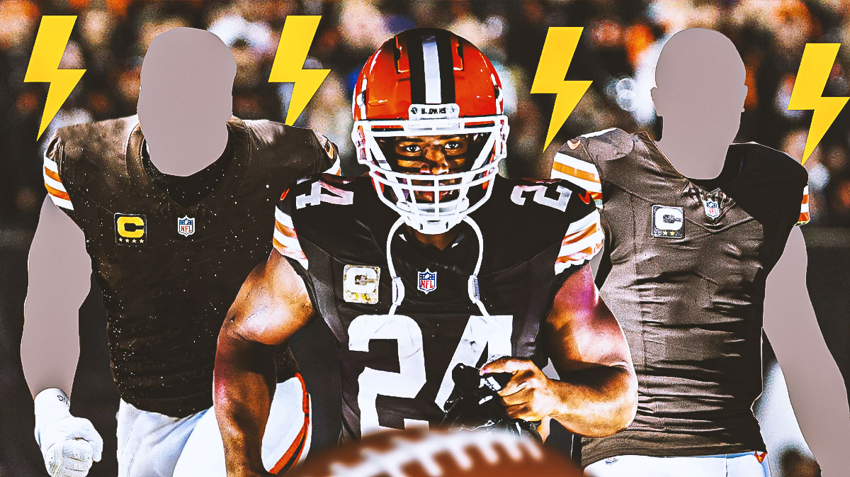 Nick Chubb in the middle, Two other mystery players in Browns uniforms, ⚡️⚡️⚡️ in the background