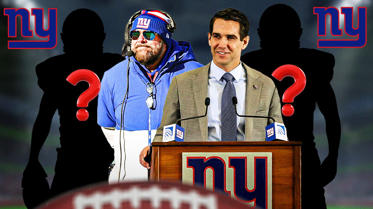 New York Giants head coach Brian Daboll with GM Joe Schoen and two silhouettes of American football players with big question mark emojis inside. There is also a logo for the New York Giants.