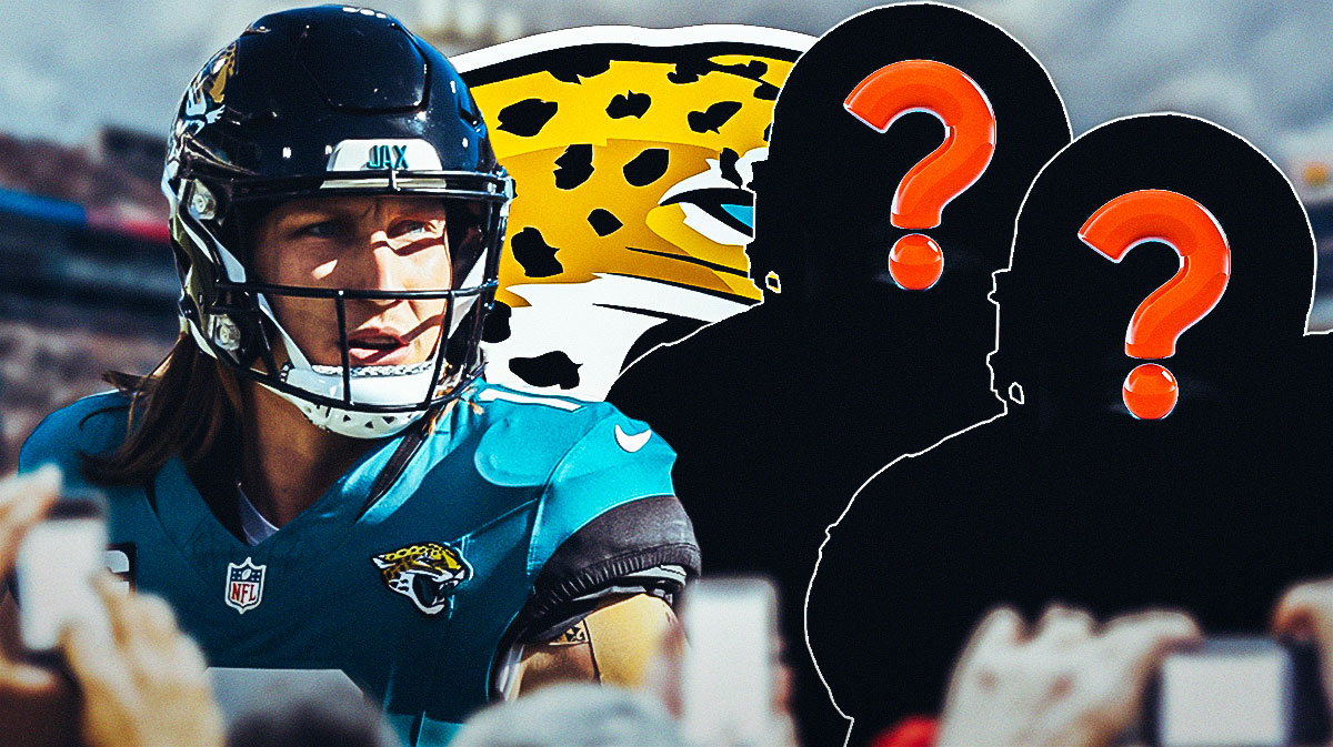 Jacksonville Jaguars QB Trevor Lawrence with two silhouettes of American football players with question mark emojis inside. There is also a logo for the Jacksonville Jaguars.