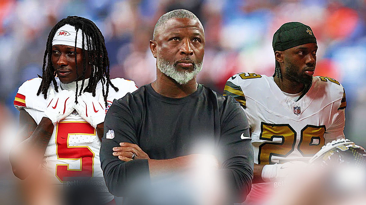 New York Jets head coach Aaron Glenn with Paulson Adebo in a New Orleans Saints uniform and Marquise Brown in a Kansas City Chiefs uniform and Jamien Sherwood.