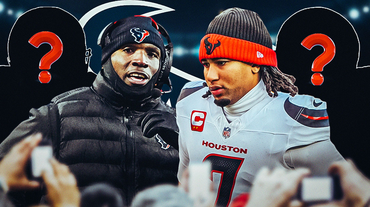 Houston Texans head coach DeMeco Ryans with QB CJ Stroud. There are also two silhouettes of American football players with big question mark emojis. There's also a logo for the Houston Texans.