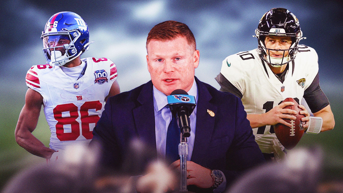 Titans Mike Borgonzi in free agency (front, center) with Giants Darius Slayton (left) and Jaguars Mac Jones (right) in 2025 NFL offseason