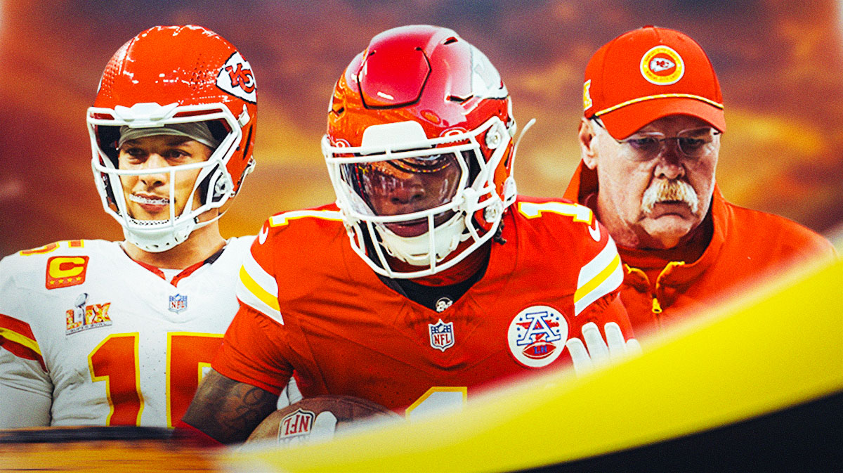 Kansas City Chiefs star Xavier Worthy in the middle with Patrick Mahomes and Andy Reid on either side in front of Arrowhead Stadium.