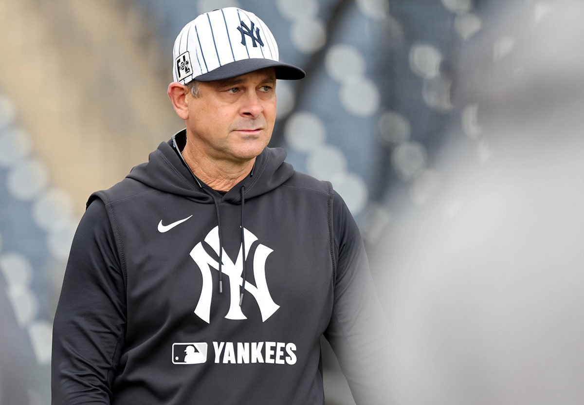 Yankees manager Aaron Boone (17) looks on during work outs at George M. Steinbrenner Field