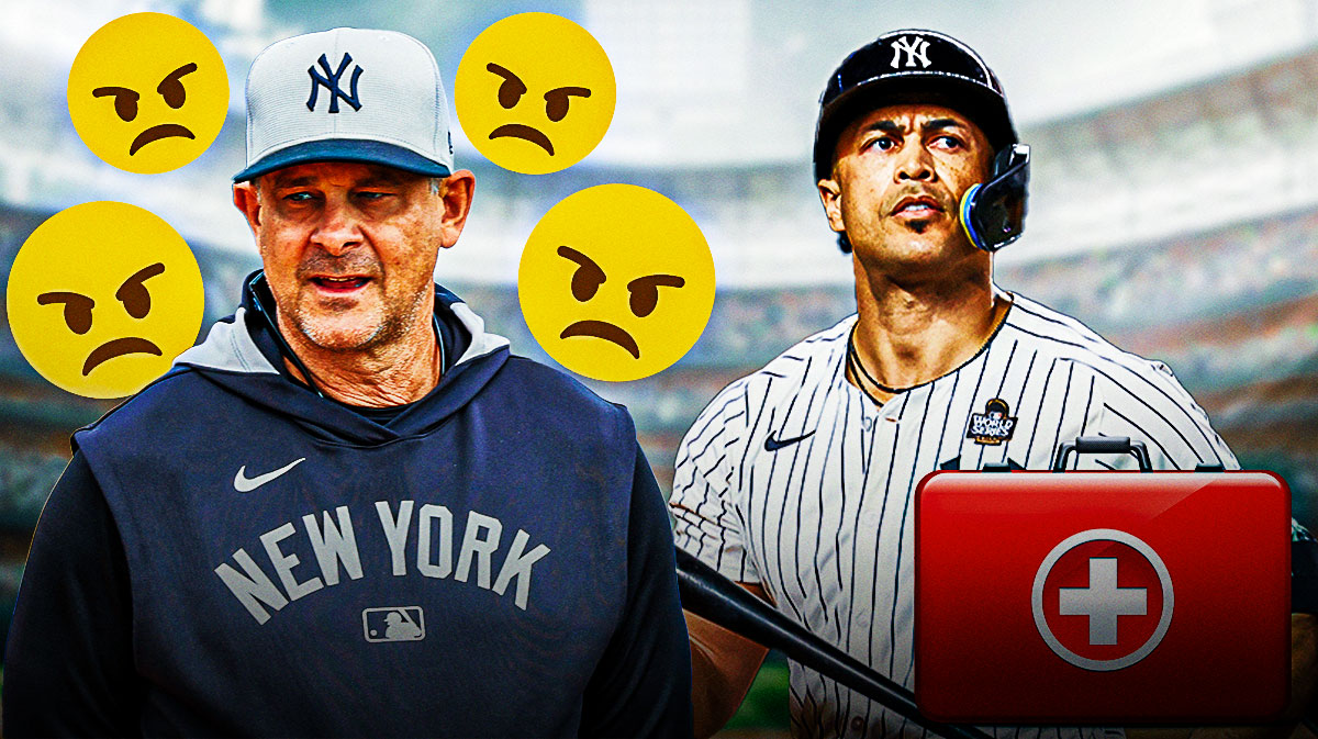 Aaron Boone with angry emojis around him. Giancarlo Stanton with a first aid kit near him.