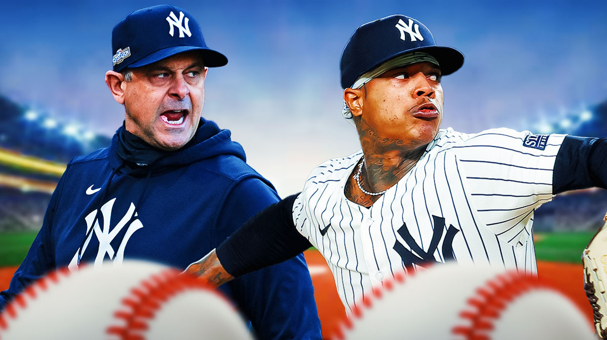 Yankees Aaron Boone looking serious on left, Yankees Marcus Stroman pitching a baseball on right.
