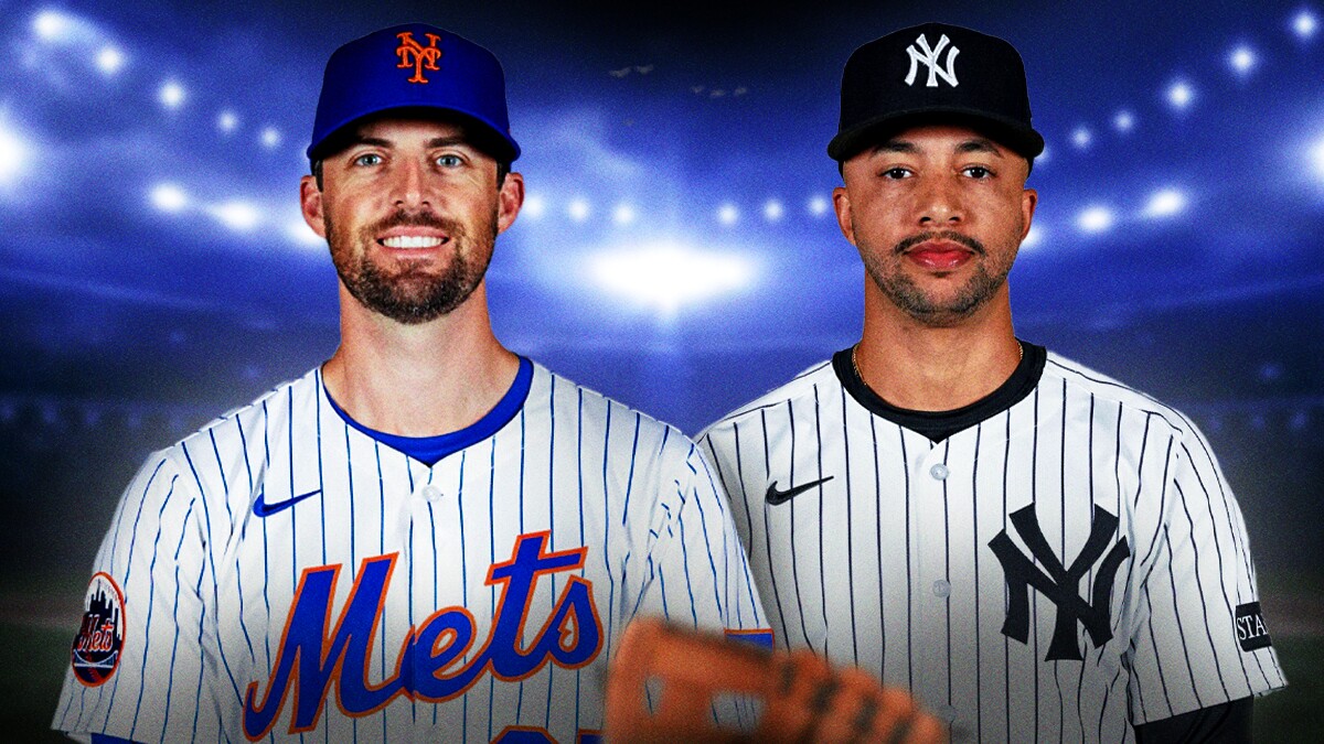 Clay Holmes in Mets jersey looks surprised next to Devin Williams in Yankees jersey