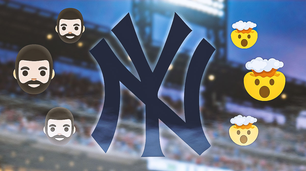 Yankees logo in the middle. Surrounded by 🧔🏻‍♂️ and 🤯 emojis