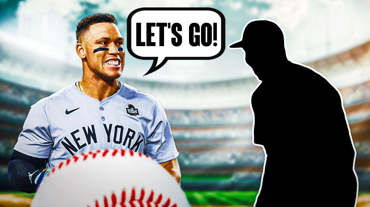 Aaron Judge on one side with a speech bubble that says "Let's go!" a silhouette of Tim Hill on the other side