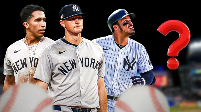 Yankees DJ LeMahieu, Yankees Oswaldo Cabrera both fielding ground balls. Also place Nolan Arenado in a Yankees jersey with a big question mark next to Arenado.
