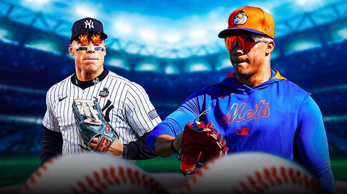 Photo: Aaron Judge in Yankees jersey with fire in his eyes looking at Juan Soto in Mets jersey