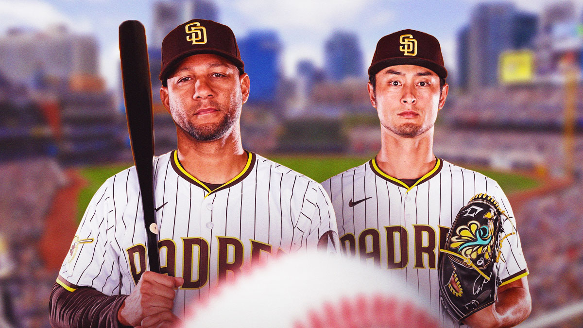 Yu Darvish and Yuri Gurriel in Padres uniforms in front of the Padres Stadium.