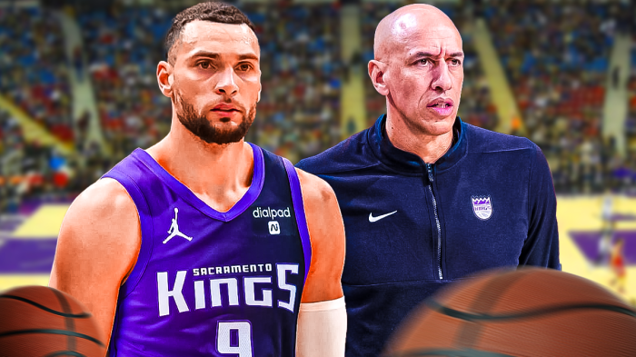 Kings, Zach LaVine, Doug Christie, Zach LaVine Kings, Doug Christie Kings, Zach LaVine in Kings uni and Doug Christie with Kings arena in the background
