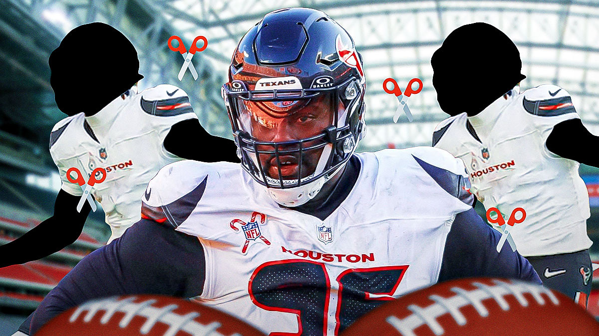 Denico Autry in the middle in a Houston Texans uniform, ✂️ in the background