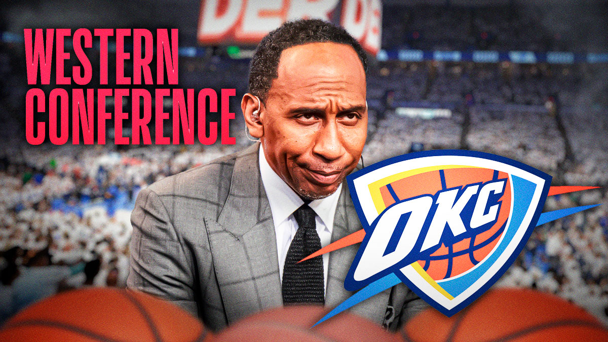 ESPN's Stephen A Smith next to the Thunder logo with the NBA's Western Conference logo in the background
