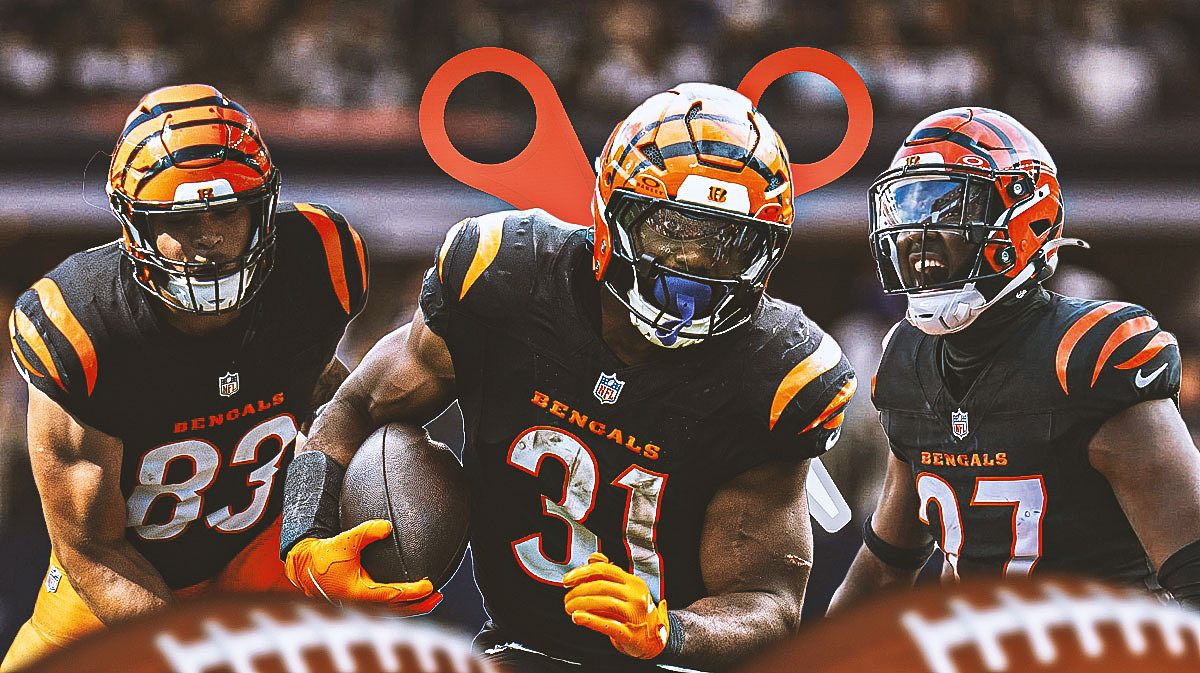 Zack Moss in the middle in a Cincinnati Bengals uniform, ✂️ in the background