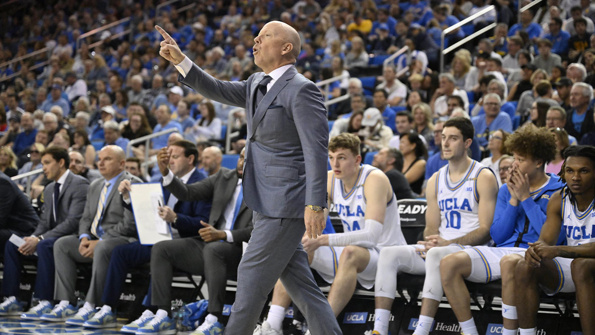 UCLA Bruins head coach Mick Cronin talks to a referee during the second half against the Ohio State Buckeyes at Pauley Pavilion presented by Wescom.