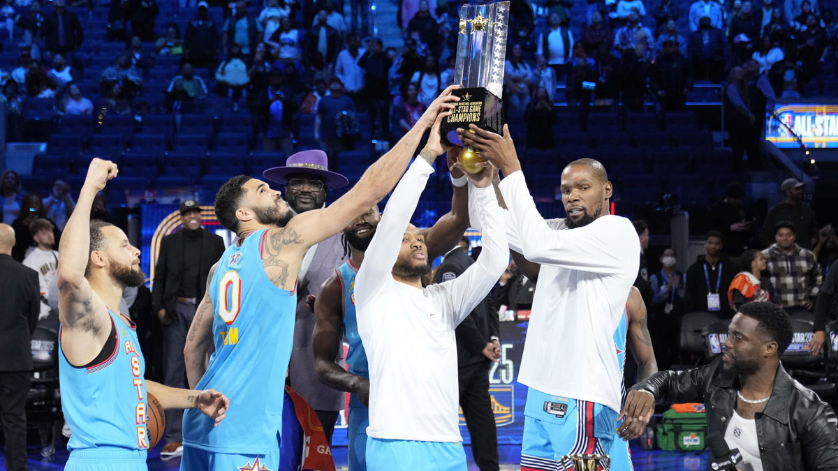 Stephen Curry (30) of the Golden State Warriors and forward Jayson Tatum (0) of the Boston Celtics and guard Damian Lillard (0) of the Milwaukee Bucks and forward Kevin Durant (35) of the Sacramento Kings celebrate with the trophy after defeating Chuck’s Global Stars during the 2025 NBA All Star Game at Chase Center