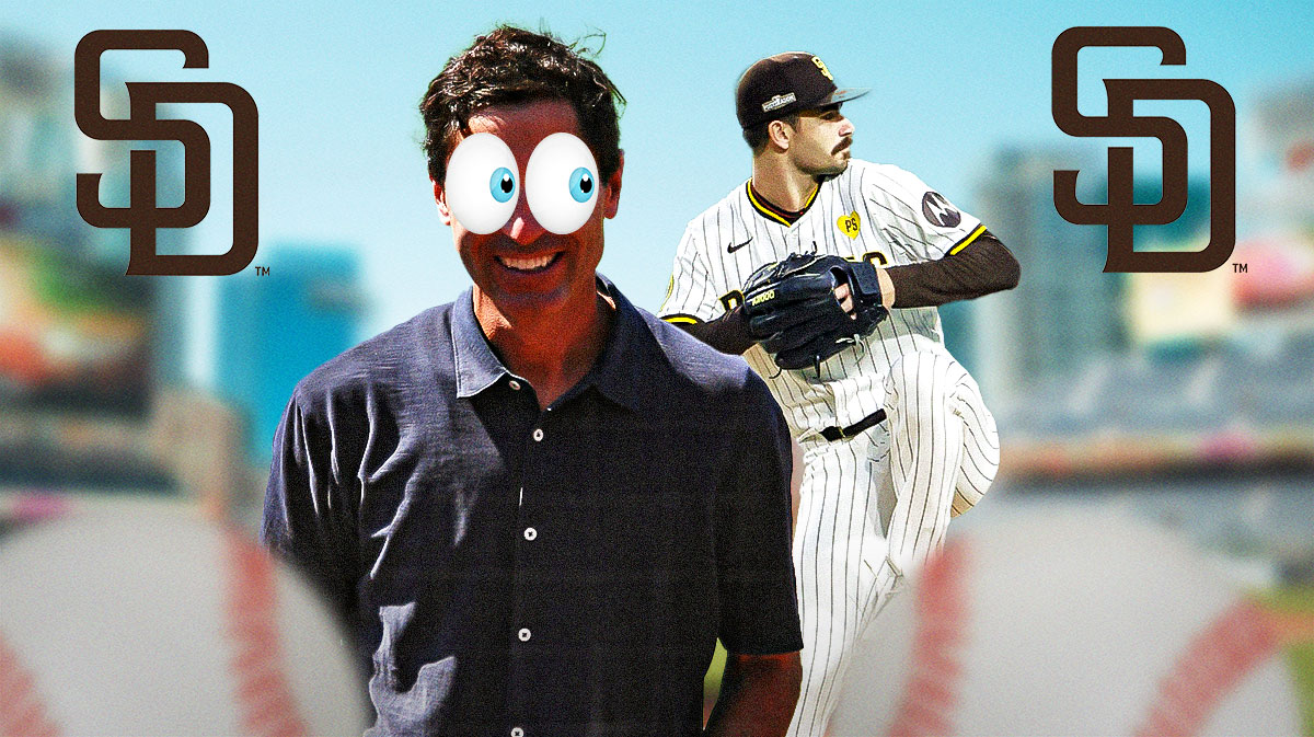 Padres AJ Preller with emojis in his eyes looking at Dylan Cease throwing a pitch