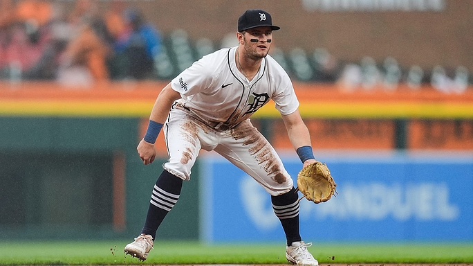 Detroit Tigers third base Jace Jung (17) watches a play against Chicago White Sox during the seventh inning at Comerica Park in Detroit on Saturday, Sept. 28, 2024.