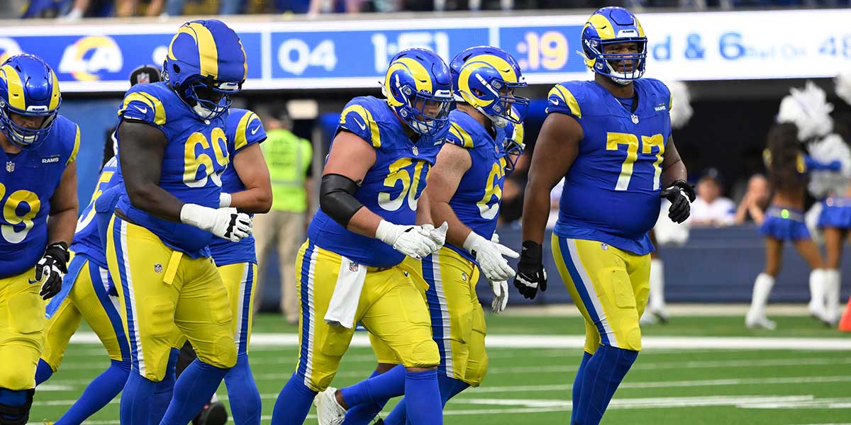 Los Angeles Rams guard Kevin Dotson (69), Los Angeles Rams center Beaux Limmer (50), Los Angeles Rams guard Justin Dedich (67) and Los Angeles Rams offensive tackle Alaric Jackson (77) during the fourth quarter against the Las Vegas Raiders  at SoFi Stadium. 